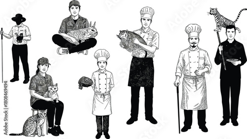 Creative illustration of chefs and people with exotic cats and tigers, culinary art concept, professional cooking lifestyle, black and white artwork