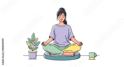 Woman Meditating in Lotus Pose at Home Peaceful Mind and Body Wellness Illustration