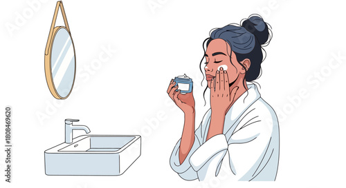 Woman Applying Skincare Product in Bathroom for Beauty Routine