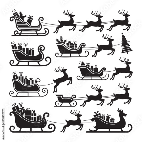 Black silhouette Christmas sleighs pulled by reindeer with gifts and trees santa
