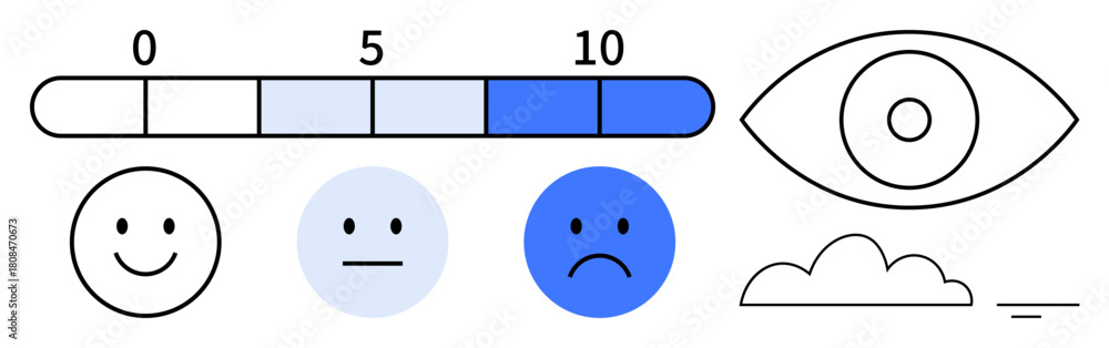 Fototapeta premium Emotion concept. Emotion displayed with facial expressions, rating scale, and perception elements thumbs up an eye symbol. Emotion for mental health, feedback, surveys, UI design, psychology