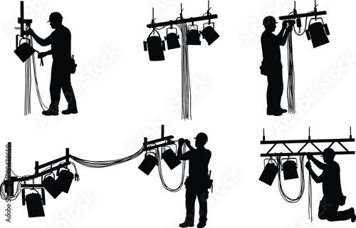 Electricians installing ceiling lights and wiring, professional electrical workers fixing hanging lamps on structure, industrial lighting setup, maintenance and engineering concept