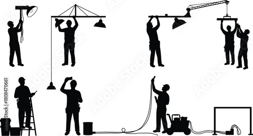 Electricians installing and repairing lighting systems, connecting electrical cables, and testing industrial fixtures with teamwork, safety equipment, and precision tools