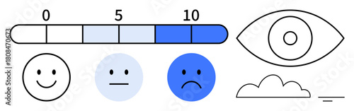 Emotion concept. Emotion displayed with facial expressions, rating scale, and perception elements thumbs up an eye symbol. Emotion for mental health, feedback, surveys, UI design, psychology