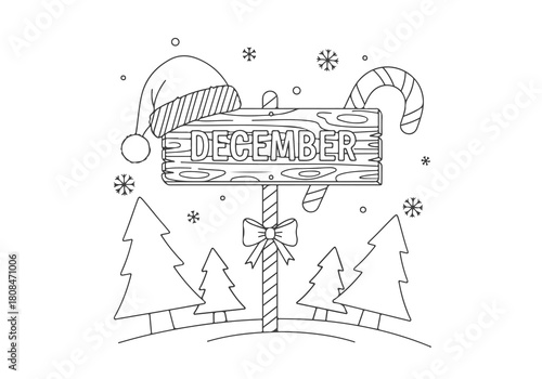 A festive December coloring book page featuring a wooden sign with a Santa hat and candy cane, a perfect winter holiday activity for kids and adults. 4