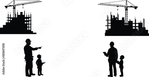 Engineer teaching child at construction site, mentoring future builder, teamwork education with cranes and building structure, learning architecture and safety skills