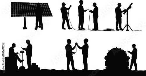 Teamwork and collaboration silhouettes featuring technicians working with solar panels, tools, cables and outdoor equipment in professional black vector illustration