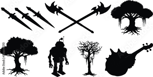 Fantasy collection of medieval weapons, ancient trees, robot silhouette, and unique violin shell design, symbolizing nature, technology, and mythology fusion