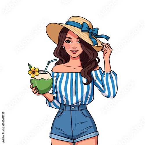 Cartoon Woman Enjoying a Coconut Drink on Vacation.