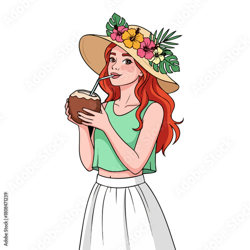 Woman with Coconut Drink and Floral Hat Enjoying Summer.