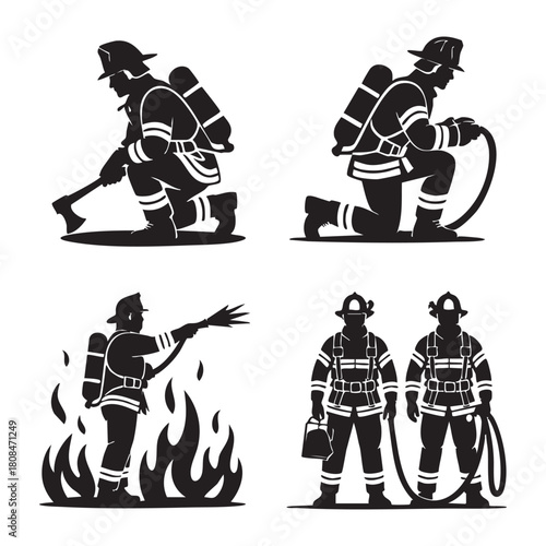 Black silhouette firefighters with axe hose and water spray rescue emergency