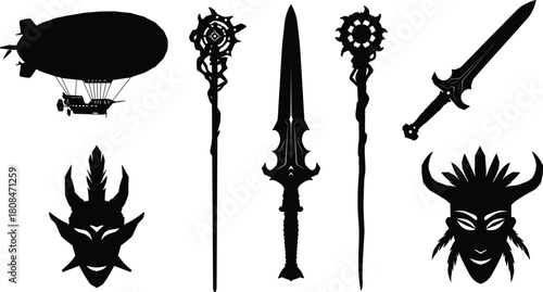 Fantasy weapons, magical staffs, swords, masks, and airship silhouette design representing adventure, mythology, steampunk, and fantasy art illustration concept