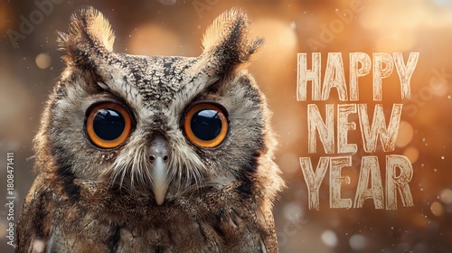 Festive owl portrait with a Happy New Year message a whimsical greeting card for the holiday season perfect for social media