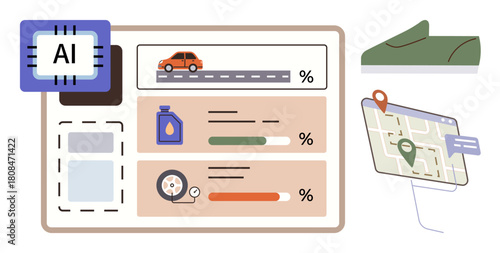 Dashboard analyzing car performance with tire, fuel, and mileage details, interactive map, AI processor chip, and shoe hinting eco-efficiency. Ideal for tech, auto, navigation fuel management