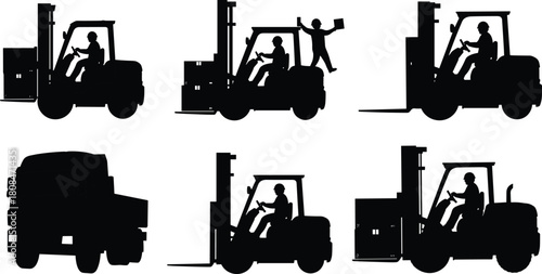 Forklift and truck loading operations with workers handling cargo, boxes, and pallets in warehouse logistics and industrial transport scenes