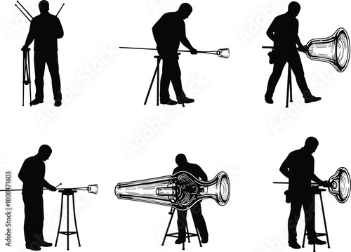 Glassblower silhouette working with molten glass on pipe, shaping handcrafted glassware in artisan workshop, traditional craftsmanship and creative production