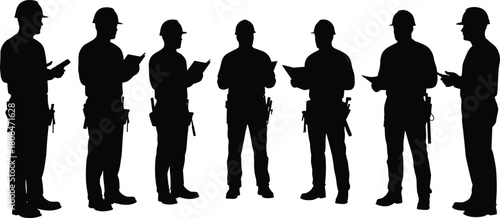 Group of construction workers discussing project plans, engineers reviewing blueprints on construction site, teamwork and collaboration in industrial work environment