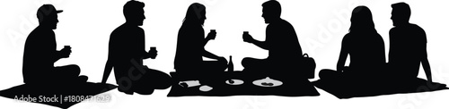 Group of friends sitting outdoors, silhouette illustration of people having picnic, chatting, eating and drinking together, social gathering leisure concept