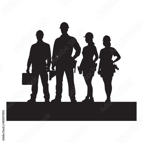 Black silhouette of four construction workers standing together on a platform team group