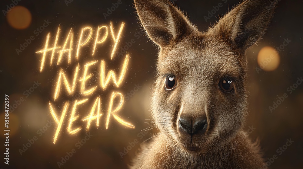 Fototapeta premium A kangaroo portrait with a Happy New Year message festive and celebratory perfect for holiday greetings and Australian-themed events