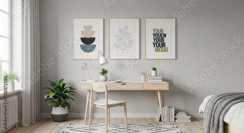 Fototapeta Naklejka Na Ścianę i Meble -  3d render frame mockup in teenager room, unisex interior