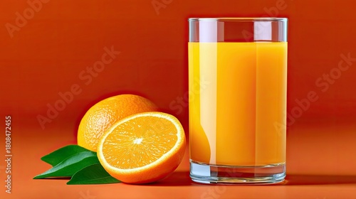 A refreshing glass of bright orange juice sits next to whole and halved oranges with green leaves, set against a warm orange backdrop.