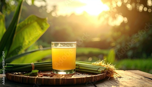 A glass of refreshing yellow juice sits on a wooden table next to a bundle of fresh lemongrass and spices, illuminated by the golden light of sunset.