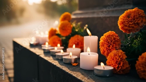 Vivid orange marigold flowers and glowing candles arranged on a stone surface during sunset for a peaceful outdoor ceremony