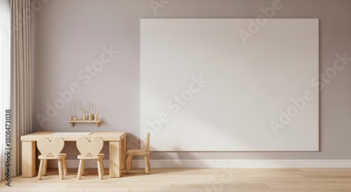 Fototapeta Naklejka Na Ścianę i Meble -  3d render children's playroom, minimalist interior with natural wooden desk and chairs