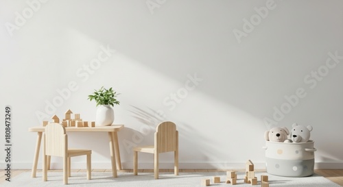 Fototapeta Naklejka Na Ścianę i Meble -  3d render children's playroom, minimalist interior with natural wooden desk and chairs