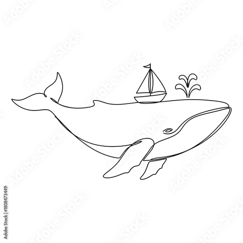 Minimalist line art illustration of a whale carrying a sailboat on its back, symbolizing adventure and the vastness of the ocean, with water spouting