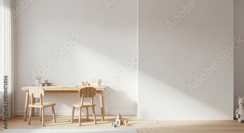 Fototapeta Naklejka Na Ścianę i Meble -  3d render children's playroom, minimalist interior with natural wooden desk and chairs