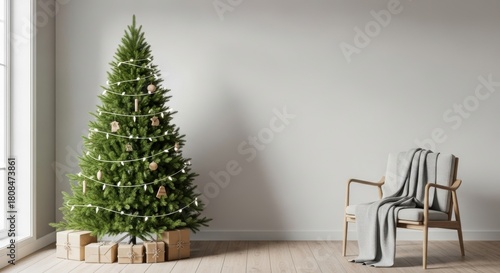 Fototapeta Naklejka Na Ścianę i Meble -  3d render Christmas tree in Scandinavian interior. Blank wall background