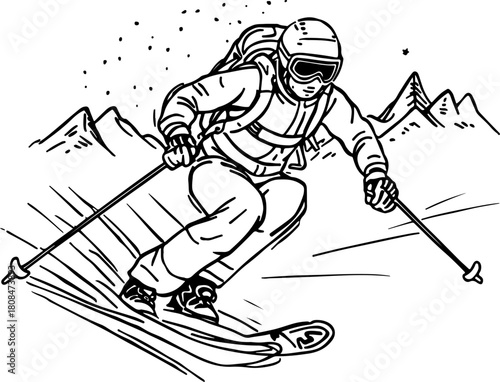 dynamic silhouette of a skier descending a mountain slope, isolated on a transparent background: a striking vector illustration for winter sports designs