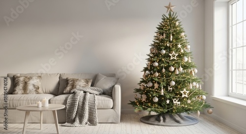 Fototapeta Naklejka Na Ścianę i Meble -  3d render Christmas tree in Scandinavian interior. Blank wall background