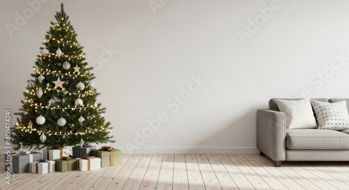 Fototapeta Naklejka Na Ścianę i Meble -  3d render Christmas tree in Scandinavian interior. Blank wall background