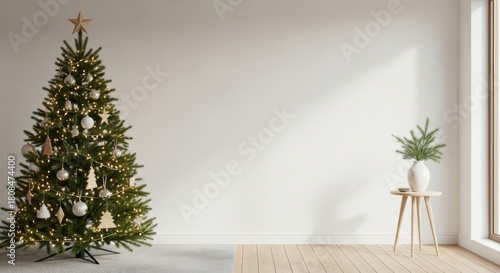 Fototapeta Naklejka Na Ścianę i Meble -  3d render Christmas tree in Scandinavian interior. Blank wall background