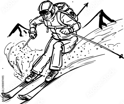 dynamic silhouette of a skier descending a mountain slope, isolated on a transparent background: a striking vector illustration for winter sports designs