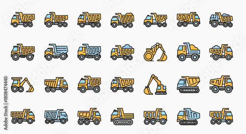 Collection of Construction Vehicles and Trucks Including Dump Trucks Excavators and Loaders in a Flat Icon Style