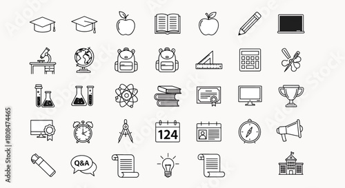 Collection of diverse education and school icons in a clean outline style, perfect for academic and learning themes