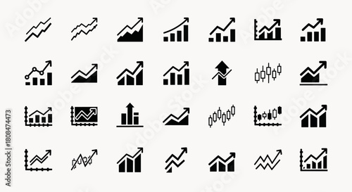 Collection of diverse finance and business growth chart icons, representing success and upward trends, data analysis