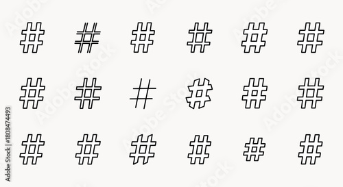 Collection of diverse hashtag symbols and icons, modern outline graphic design elements on a clean background