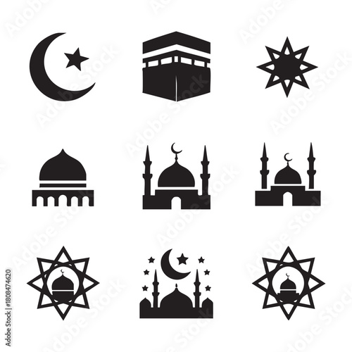 Islamic Symbols Crescent Star Kaaba Mosque Dome Starburst Icons muslim