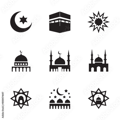 Islamic symbols crescent star Kaaba mosque starburst and moon with stars vector