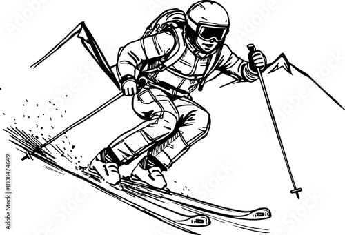 dynamic silhouette of a skier descending a mountain slope, isolated on a transparent background: a striking vector illustration for winter sports designs