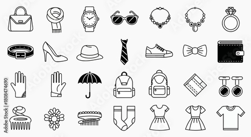 Collection of fashion accessories icons for women and men including bags, shoes, jewelry, watches, and apparel for styling