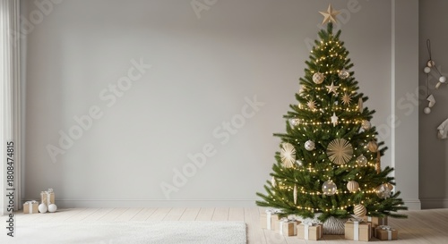 Fototapeta Naklejka Na Ścianę i Meble -  3d render Christmas tree in Scandinavian interior. Blank wall background