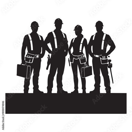 Silhouette of four construction workers with tool belts and briefcases team group
