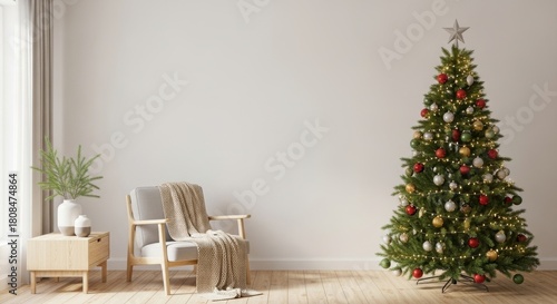 Fototapeta Naklejka Na Ścianę i Meble -  3d render Christmas tree in Scandinavian interior. Blank wall background