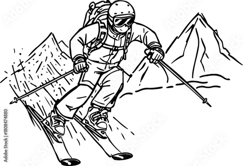 dynamic silhouette of a skier descending a mountain slope, isolated on a transparent background: a striking vector illustration for winter sports designs